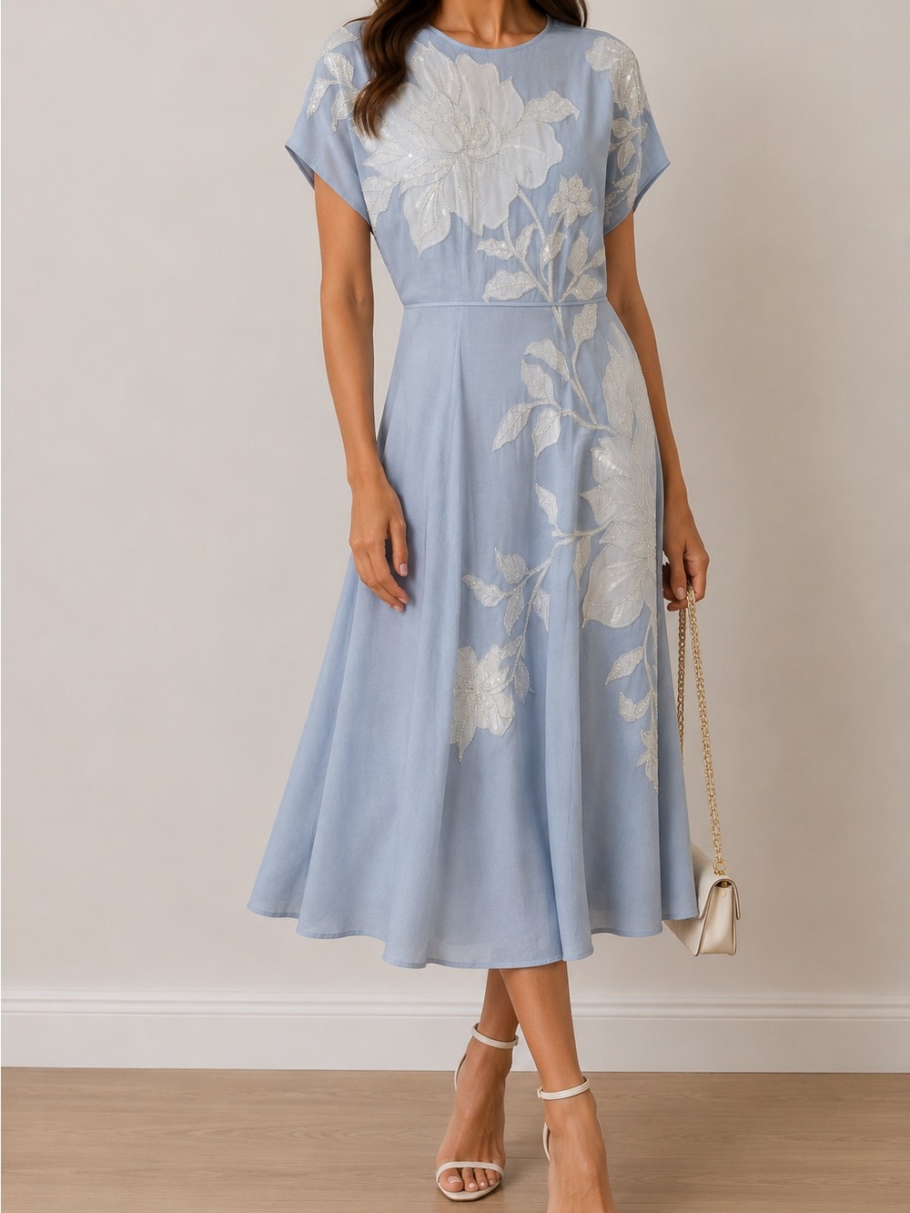 Karen Millen Powder Blue Midi Dress with White Floral Embroidery